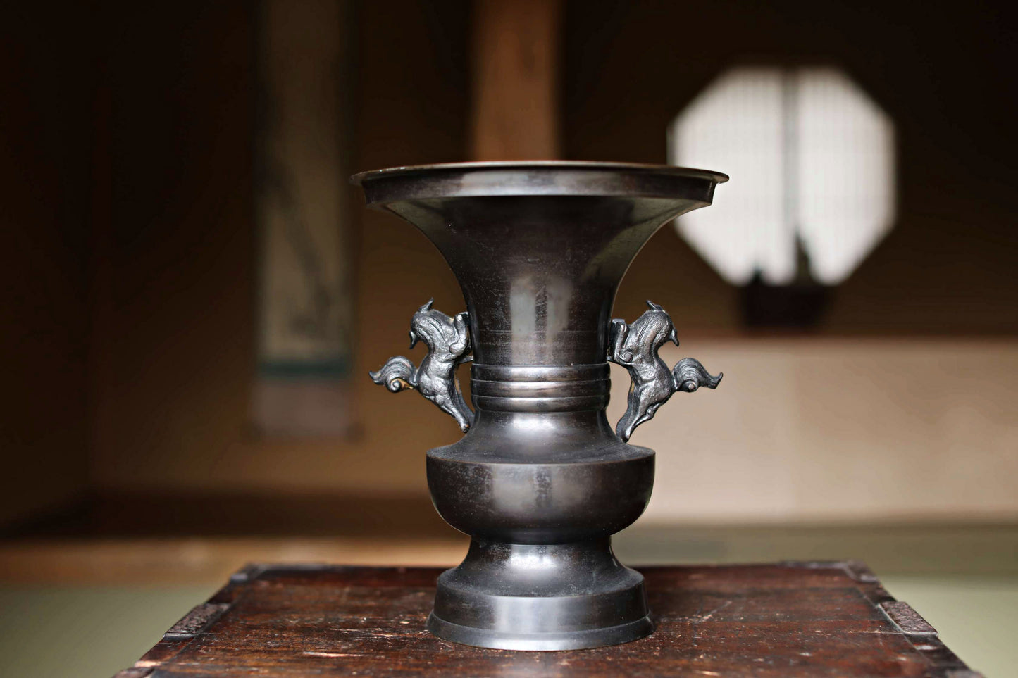 Vintage Japanese Bronze Vase, Lion Handles, Buddhist Temple Utensil, Ikebana