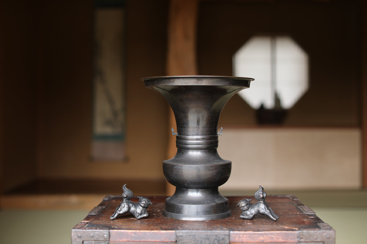 Vintage Japanese Bronze Vase, Lion Handles, Buddhist Temple Utensil, Ikebana