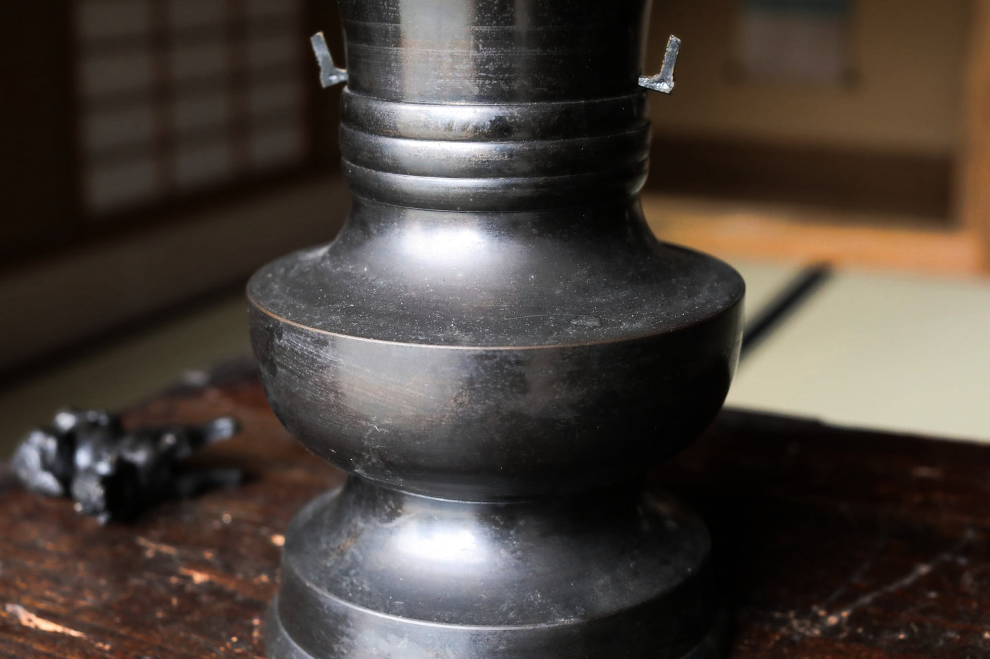 Vintage Japanese Bronze Vase, Lion Handles, Buddhist Temple Utensil, Ikebana