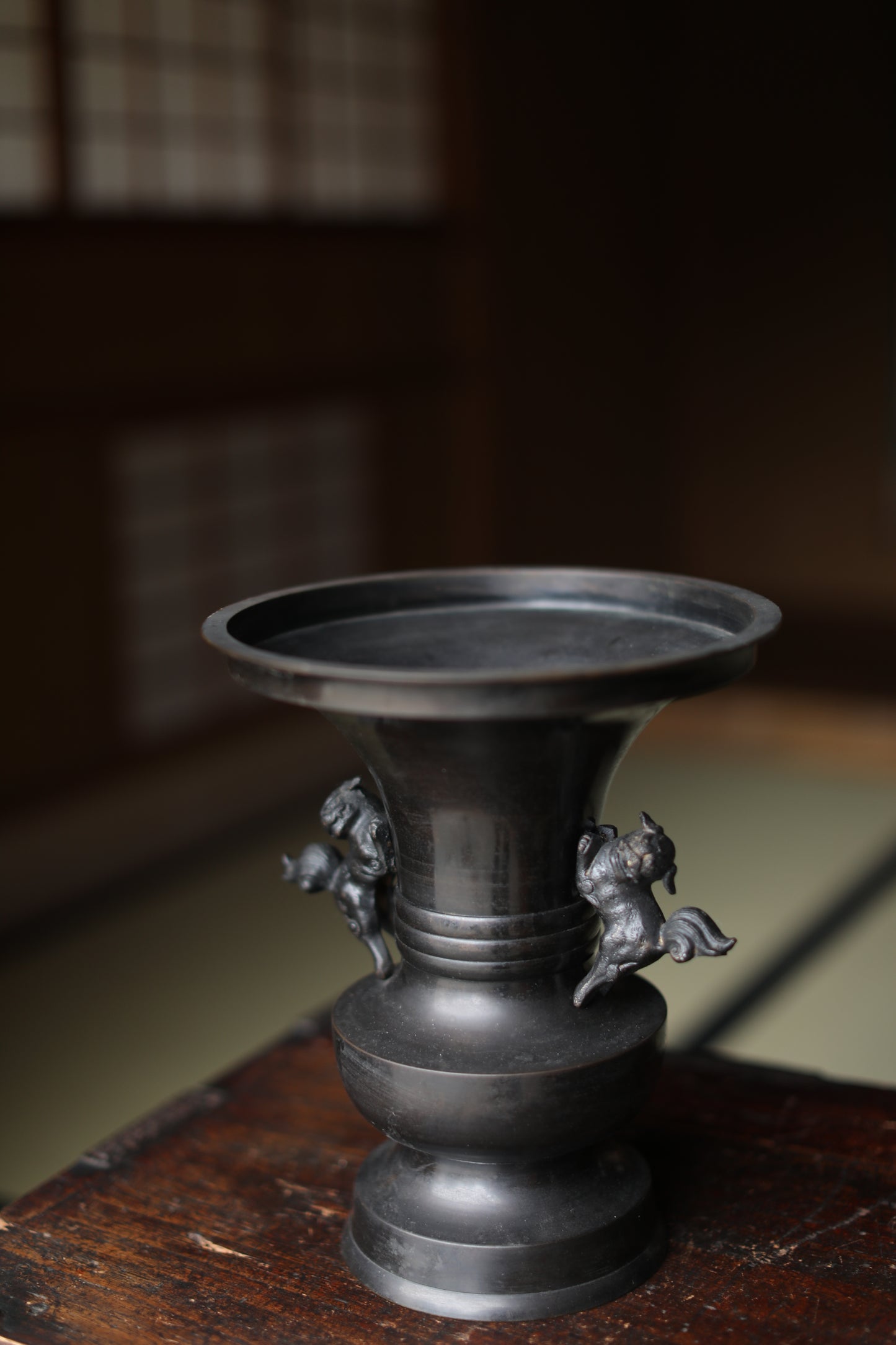 Vintage Japanese Bronze Vase, Lion Handles, Buddhist Temple Utensil, Ikebana
