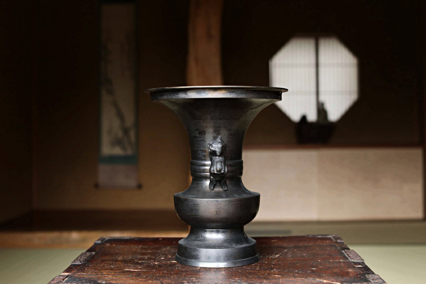 Vintage Japanese Bronze Vase, Lion Handles, Buddhist Temple Utensil, Ikebana