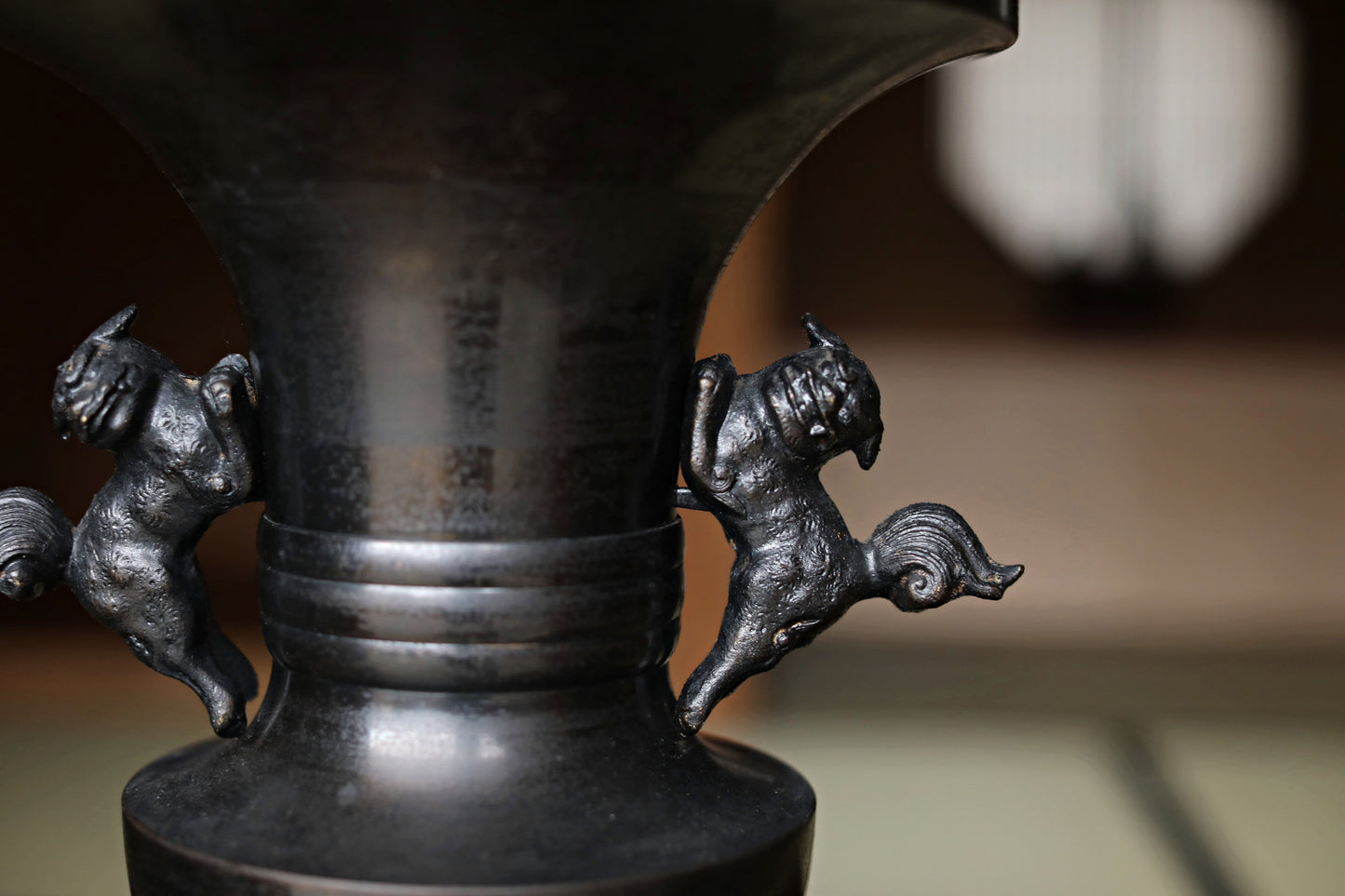 Vintage Japanese Bronze Vase, Lion Handles, Buddhist Temple Utensil, Ikebana