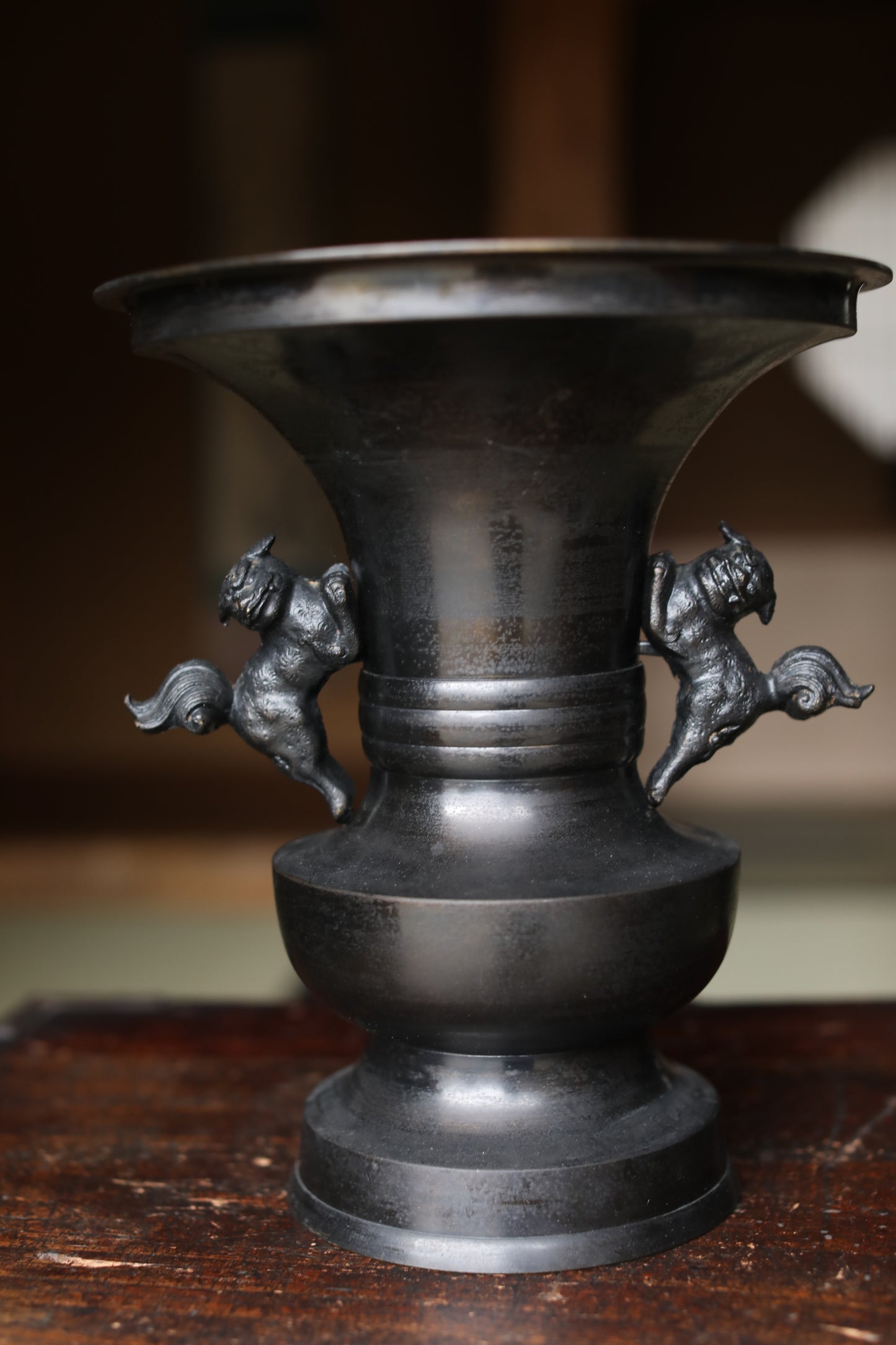 Vintage Japanese Bronze Vase, Lion Handles, Buddhist Temple Utensil, Ikebana