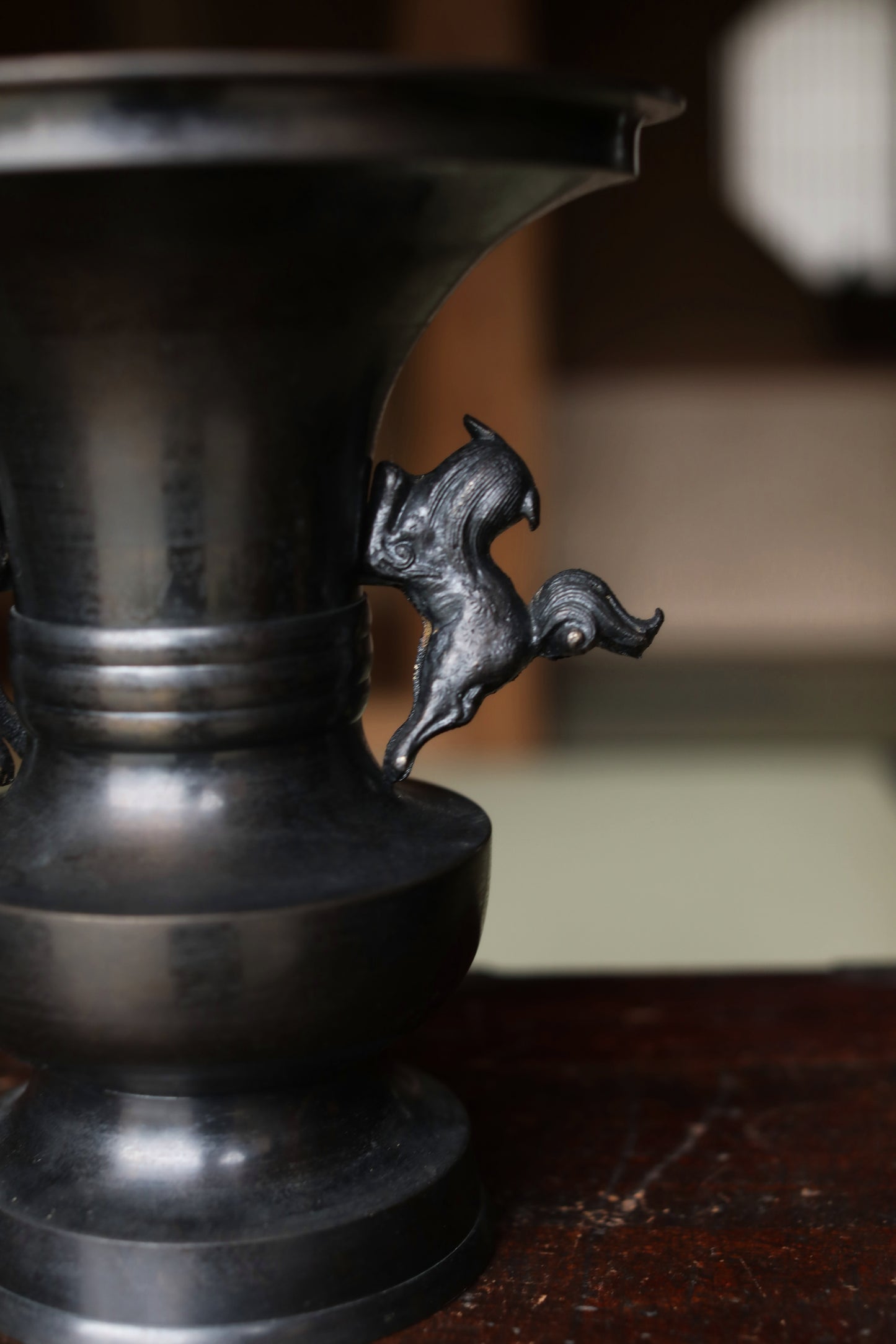 Vintage Japanese Bronze Vase, Lion Handles, Buddhist Temple Utensil, Ikebana