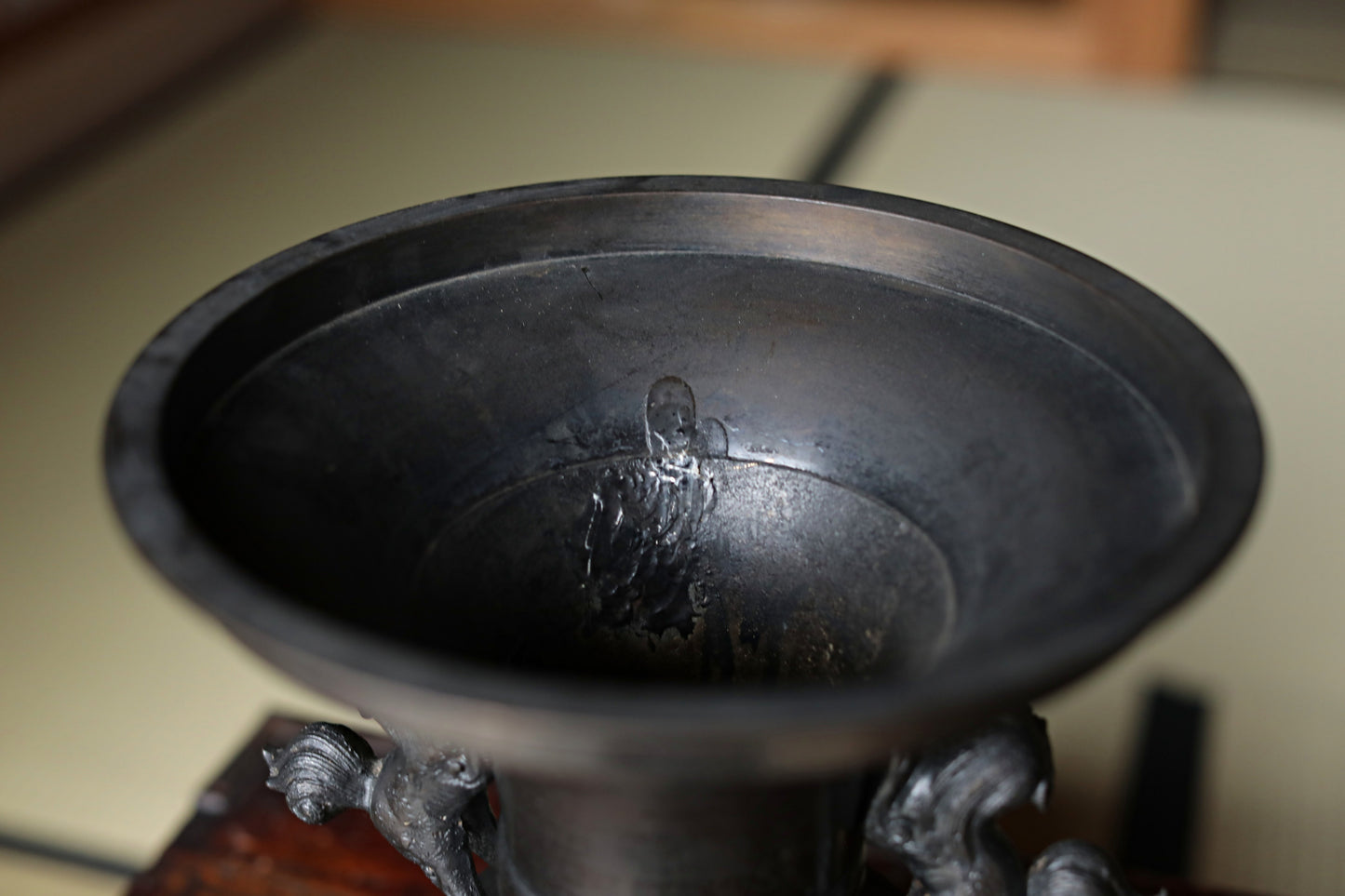 Vintage Japanese Bronze Vase, Lion Handles, Buddhist Temple Utensil, Ikebana