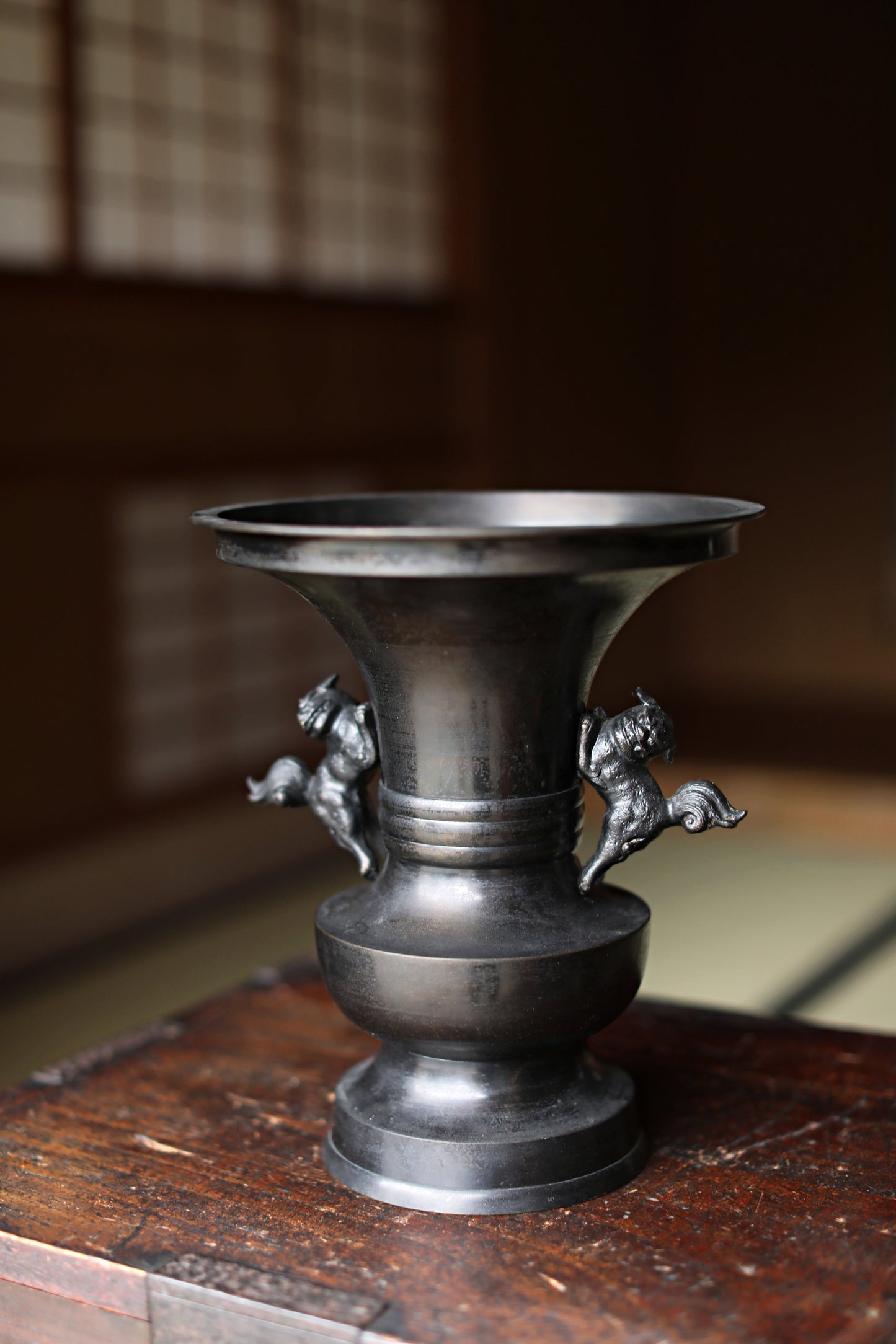 Vintage Japanese Bronze Vase, Lion Handles, Buddhist Temple Utensil, Ikebana