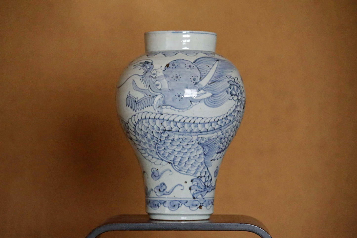 Lee Dynasty antique dragon vase large porcelain indigo blue with hand painting "sometsuke" jar H12.8in/H32.5cm