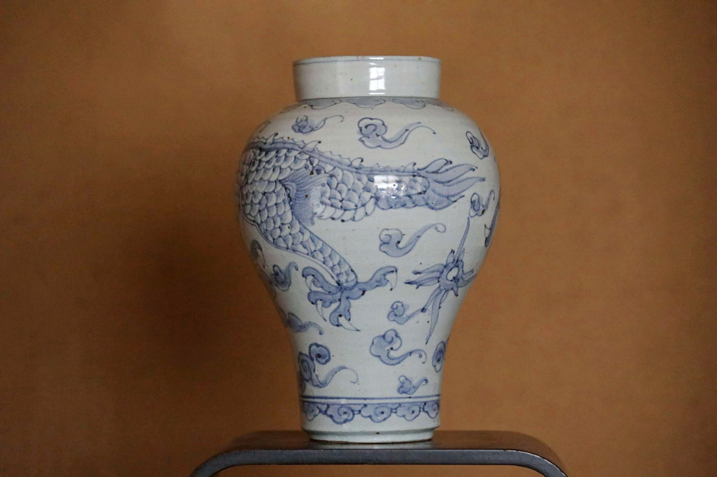 Lee Dynasty antique dragon vase large porcelain indigo blue with hand painting "sometsuke" jar H12.8in/H32.5cm