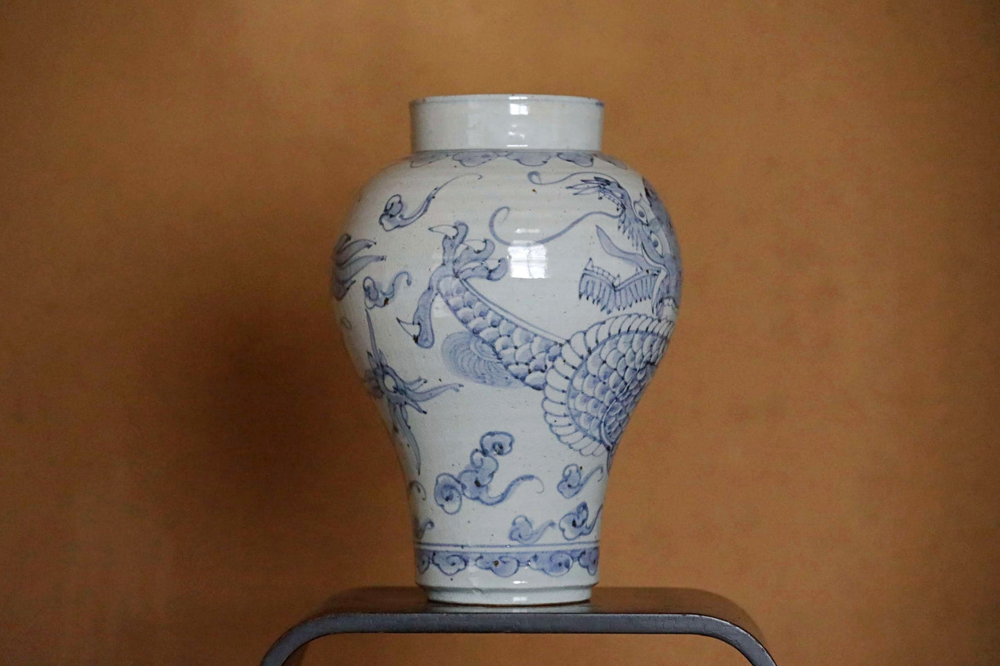 Lee Dynasty antique dragon vase large porcelain indigo blue with hand painting "sometsuke" jar H12.8in/H32.5cm