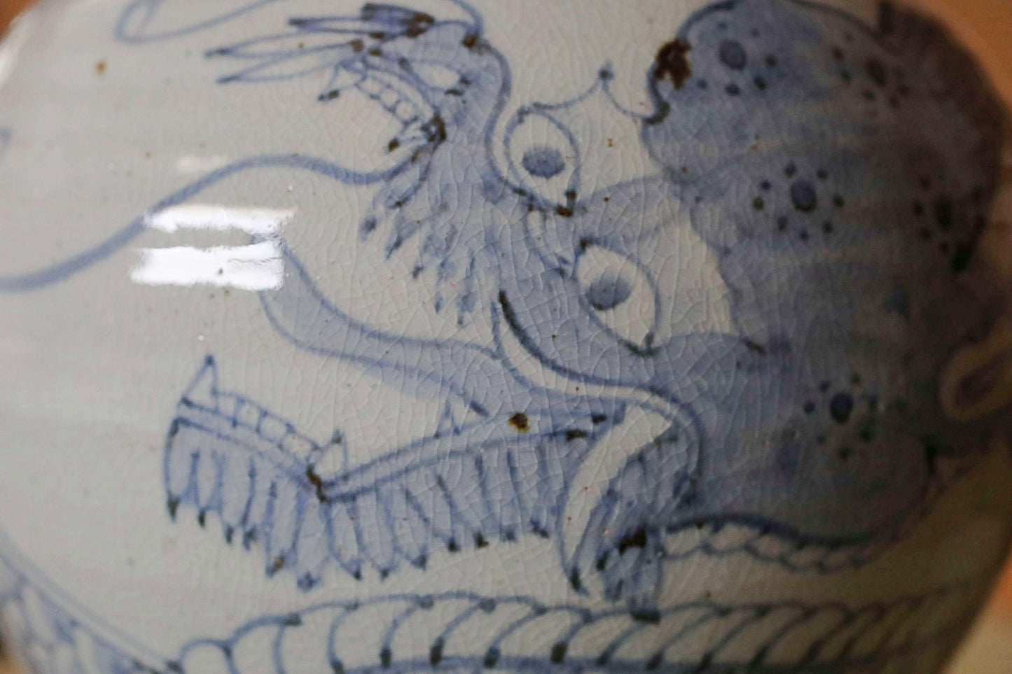 Lee Dynasty antique dragon vase large porcelain indigo blue with hand painting "sometsuke" jar H12.8in/H32.5cm