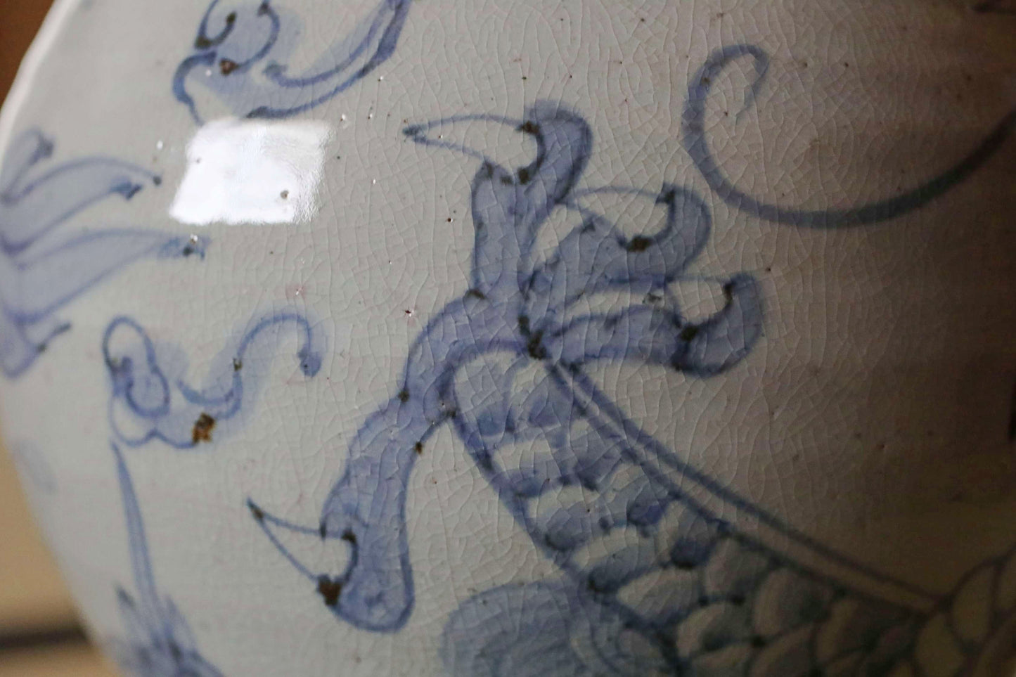 Lee Dynasty antique dragon vase large porcelain indigo blue with hand painting "sometsuke" jar H12.8in/H32.5cm