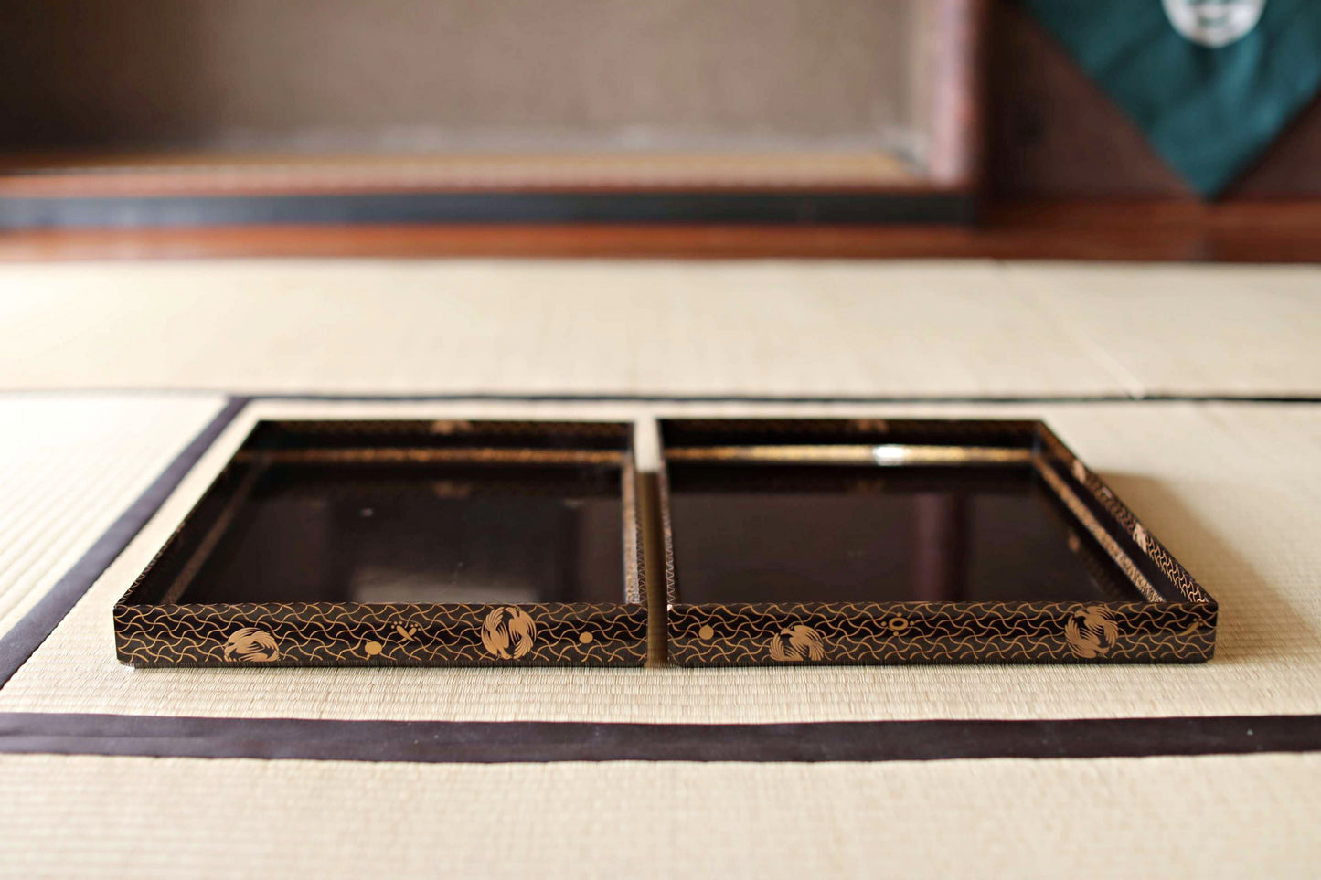 Japan antique EDO pair of URUSHI lacquer large trays Obon black gold MAKIE tableware