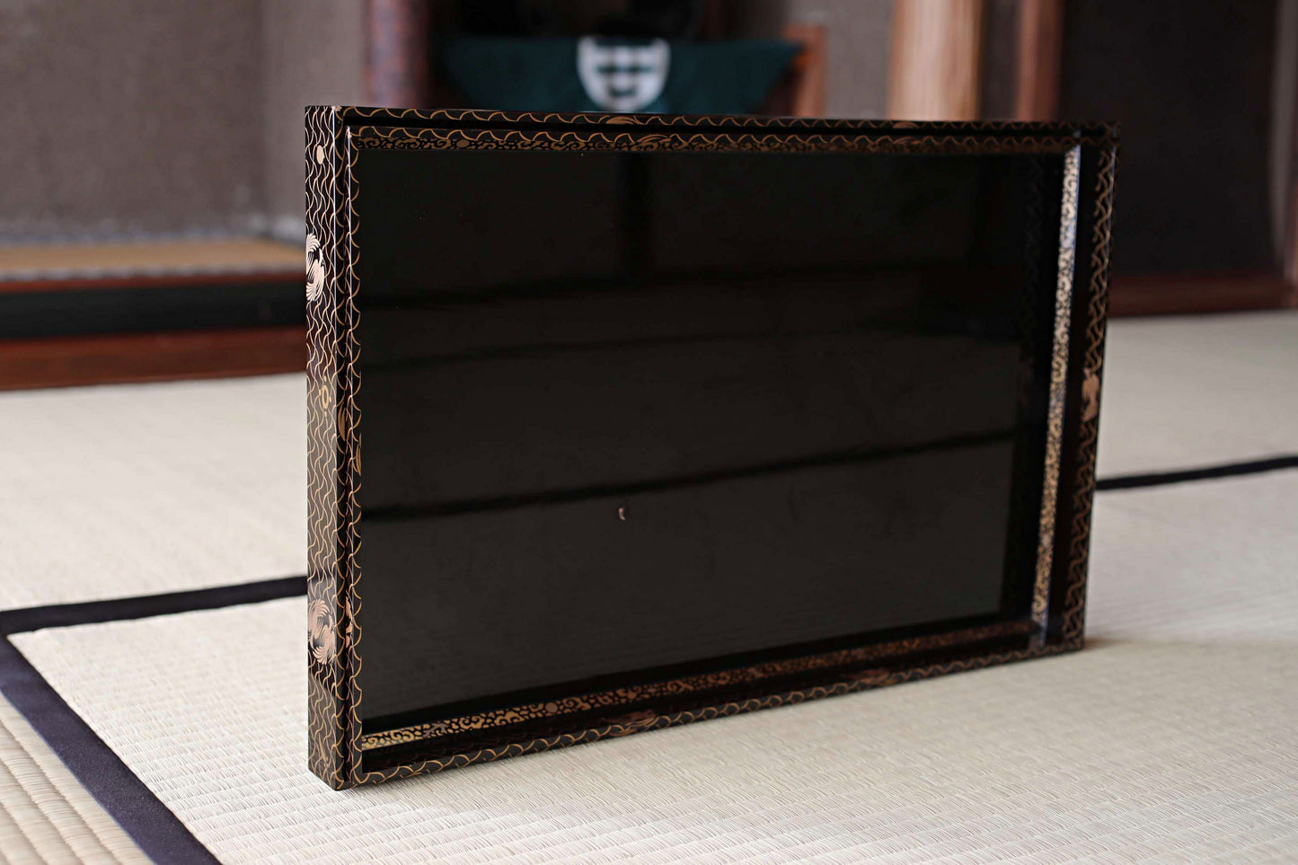 Japan antique EDO pair of URUSHI lacquer large trays Obon black gold MAKIE tableware