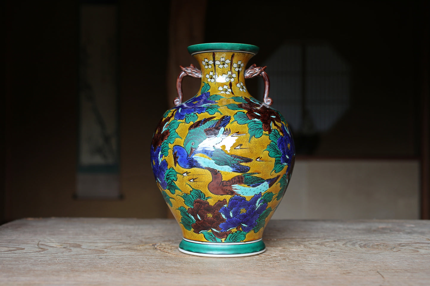 Kutani Ware Large Jar with birds and flower,Yellow & green Vase (H11.8in/H30cm)