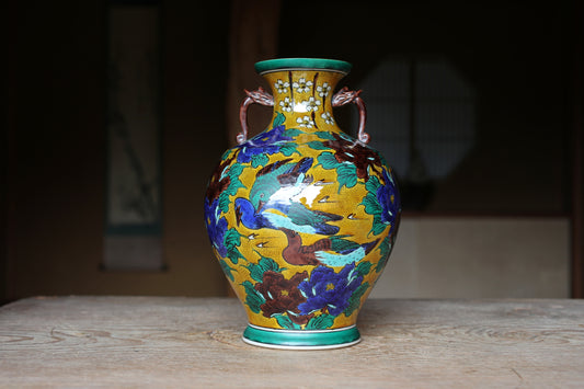 Kutani Ware Large Jar with birds and flower,Yellow & green Vase (H11.8in/H30cm)