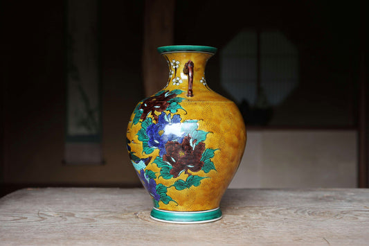 Kutani Ware Large Jar with birds and flower,Yellow & green Vase (H11.8in/H30cm)