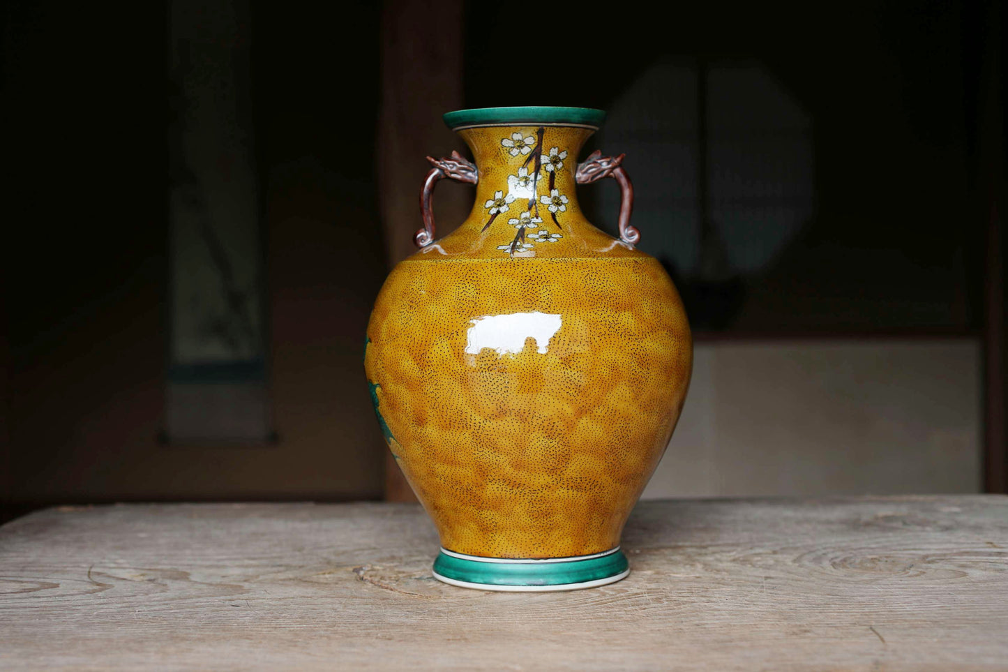 Kutani Ware Large Jar with birds and flower,Yellow & green Vase (H11.8in/H30cm)