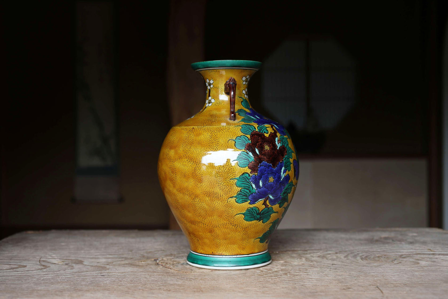 Kutani Ware Large Jar with birds and flower,Yellow & green Vase (H11.8in/H30cm)