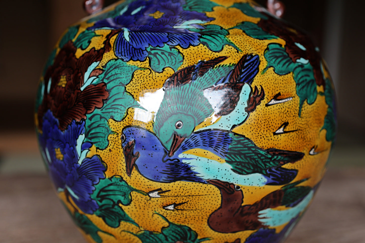 Kutani Ware Large Jar with birds and flower,Yellow & green Vase (H11.8in/H30cm)