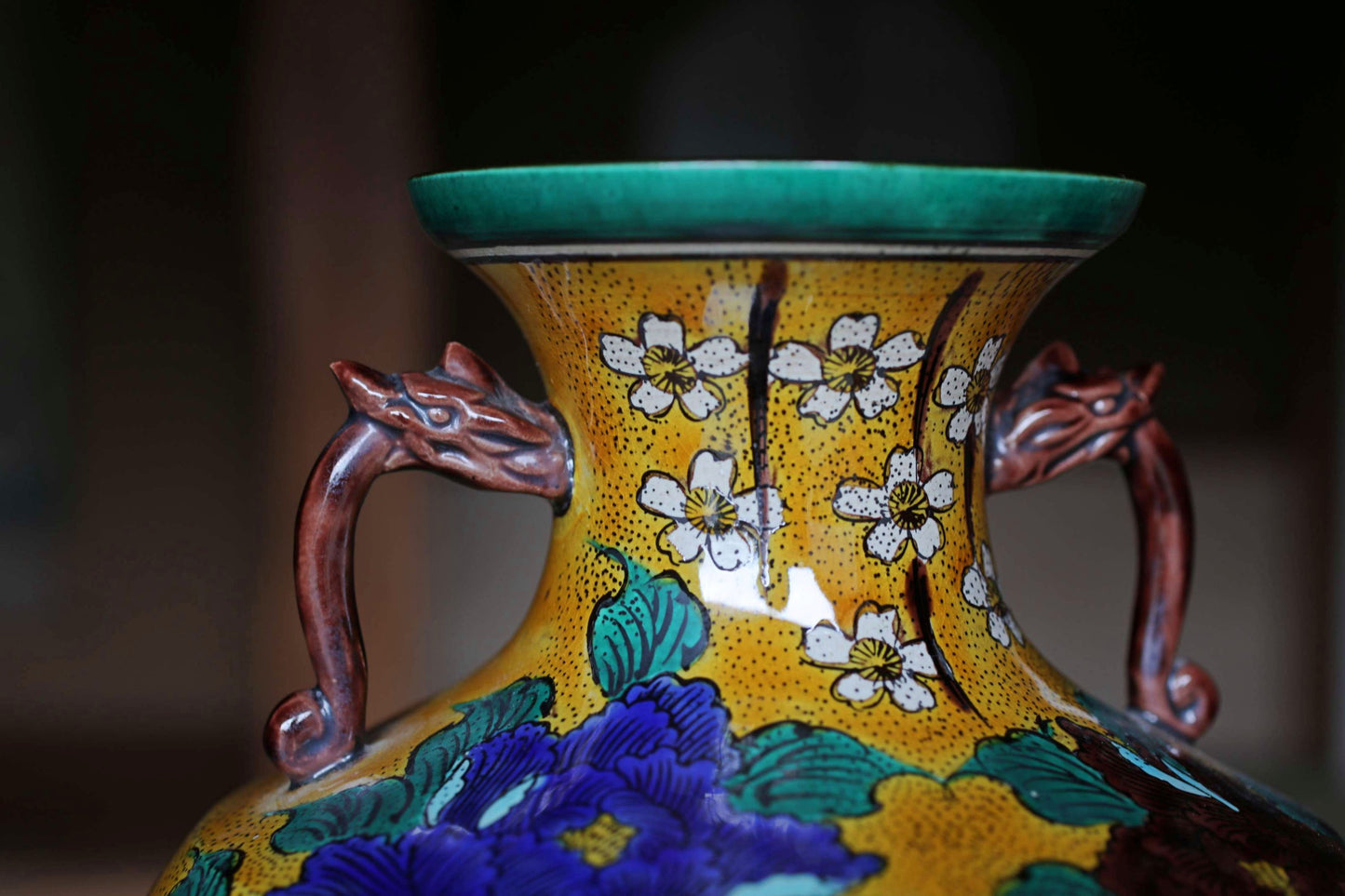 Kutani Ware Large Jar with birds and flower,Yellow & green Vase (H11.8in/H30cm)