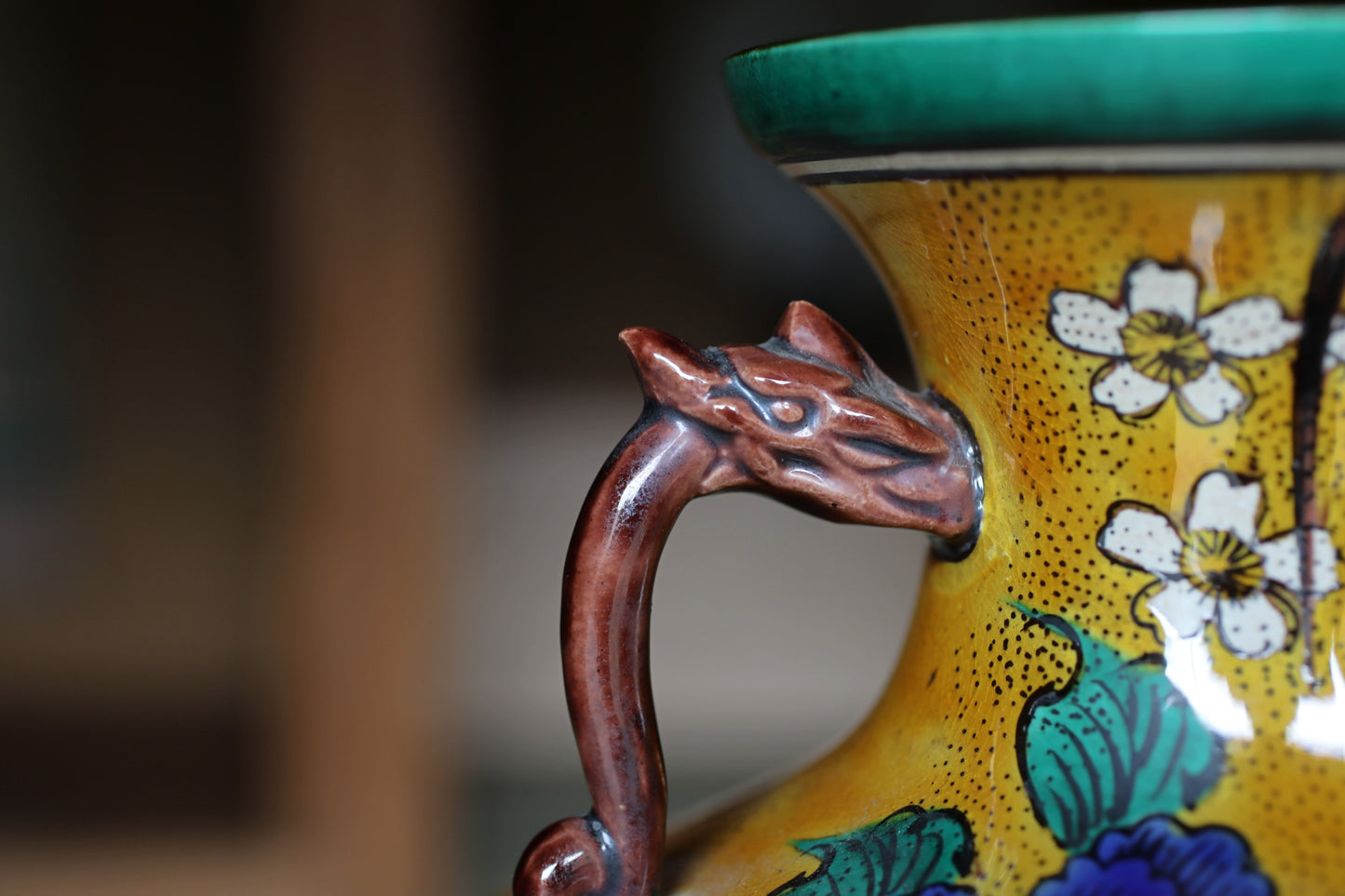 Kutani Ware Large Jar with birds and flower,Yellow & green Vase (H11.8in/H30cm)