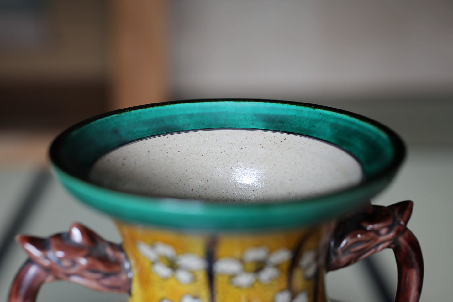 Kutani Ware Large Jar with birds and flower,Yellow & green Vase (H11.8in/H30cm)