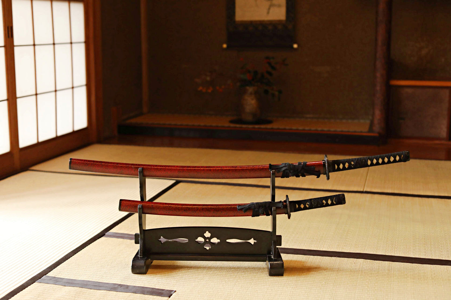 Vintage Black Lacquer Katana Rack, Japanese Samurai Sword Stand W17.9in/W45.5cm