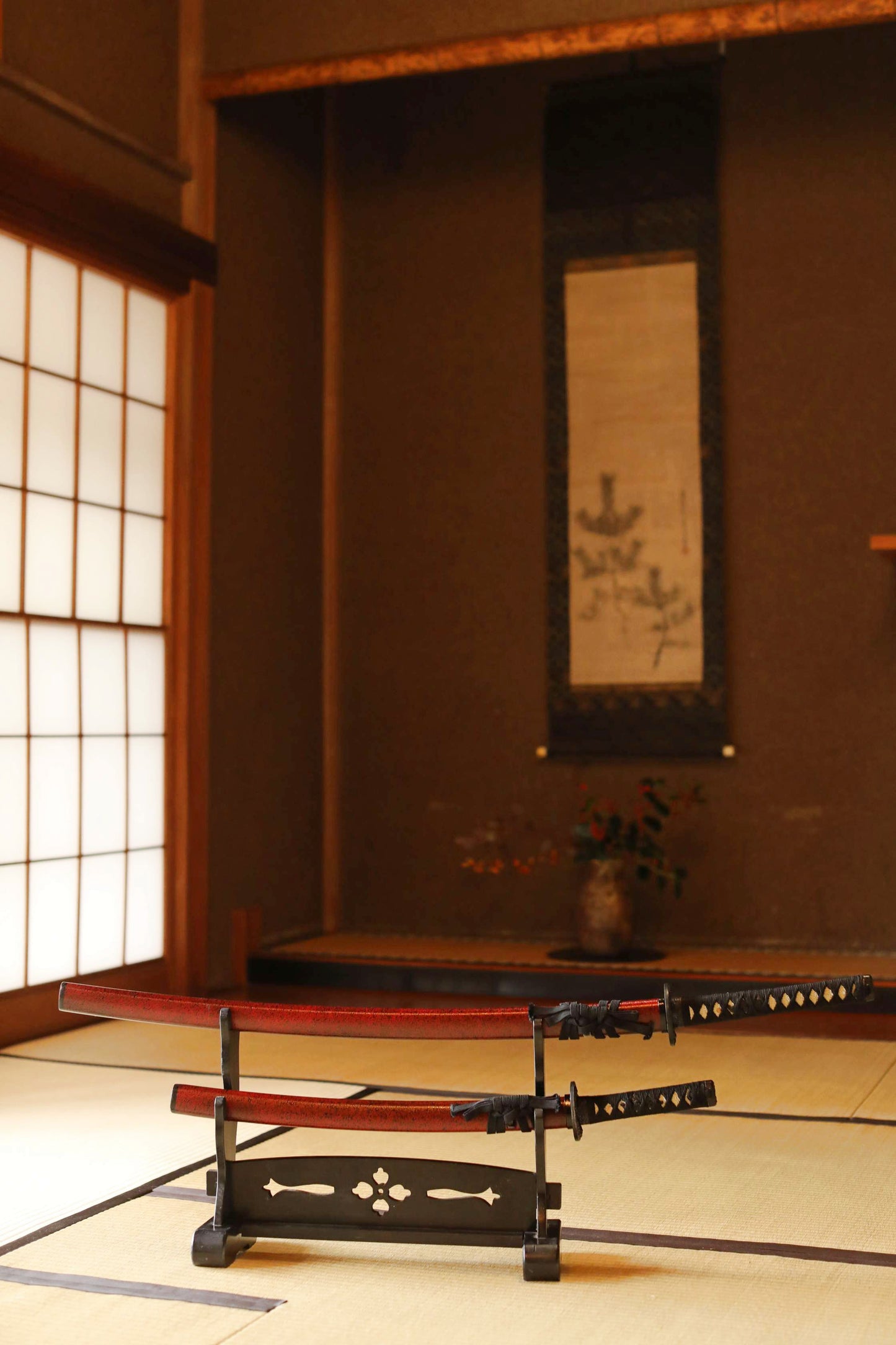 Vintage Black Lacquer Katana Rack, Japanese Samurai Sword Stand W17.9in/W45.5cm