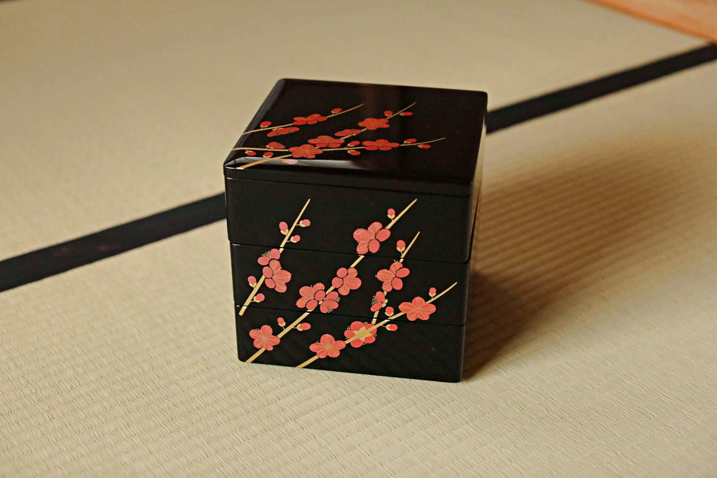 Vintage Japanese Lacquer Jubako Box, Plum Flower Makie, 1970s