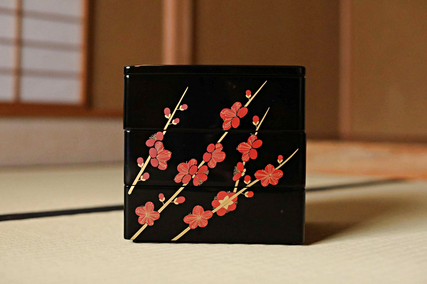 Vintage Japanese Lacquer Jubako Box, Plum Flower Makie, 1970s