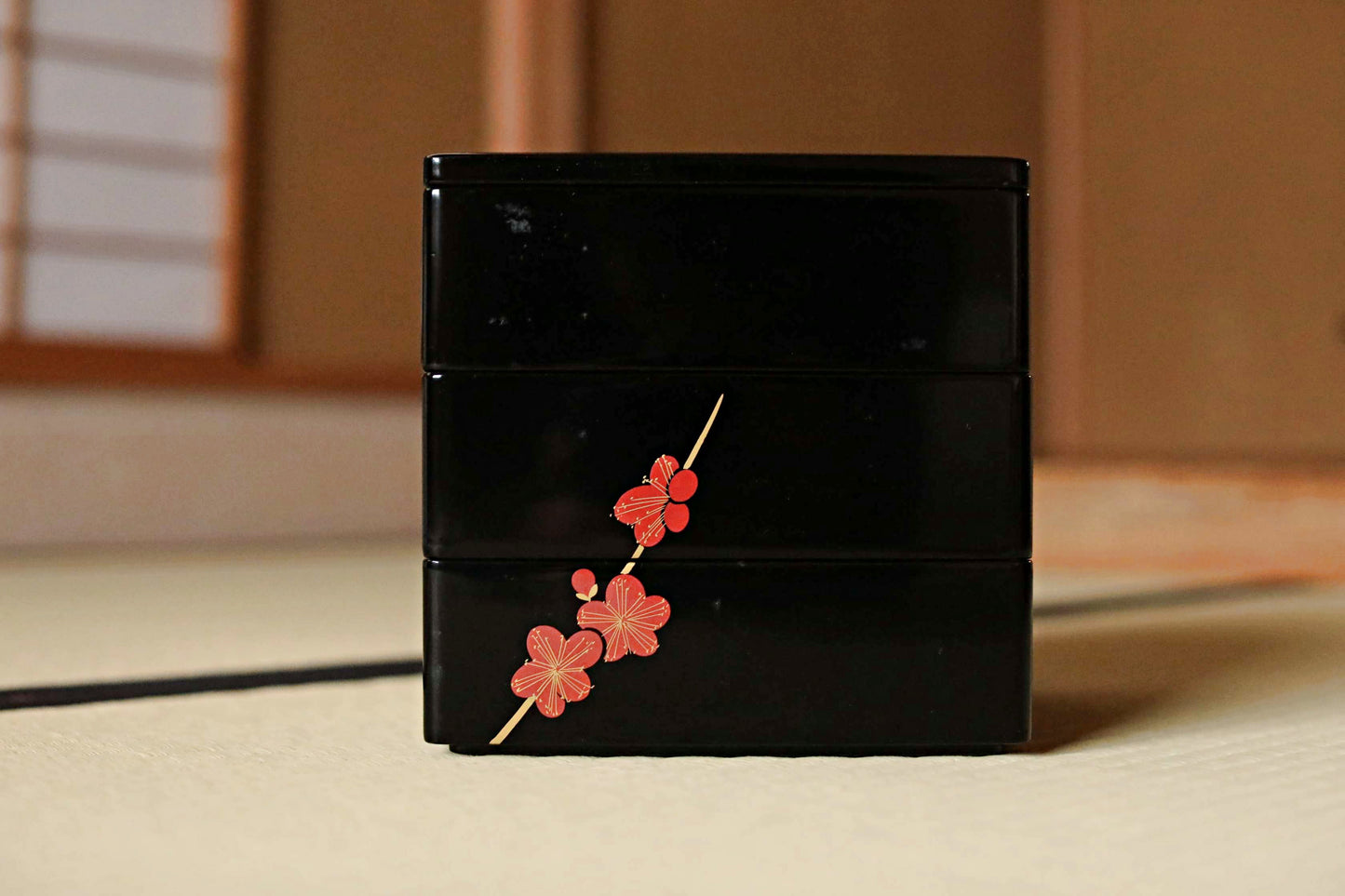 Vintage Japanese Lacquer Jubako Box, Plum Flower Makie, 1970s