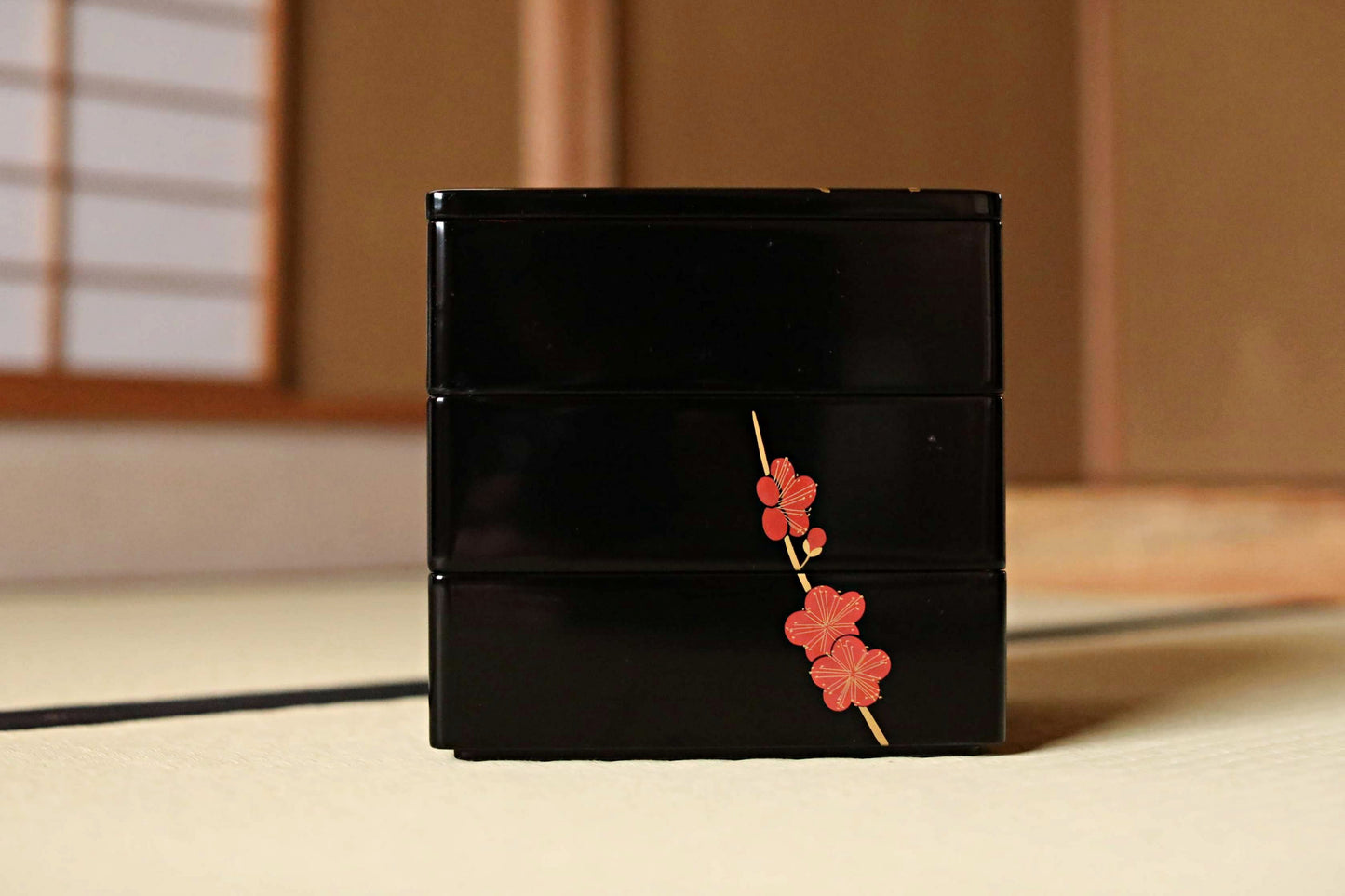 Vintage Japanese Lacquer Jubako Box, Plum Flower Makie, 1970s