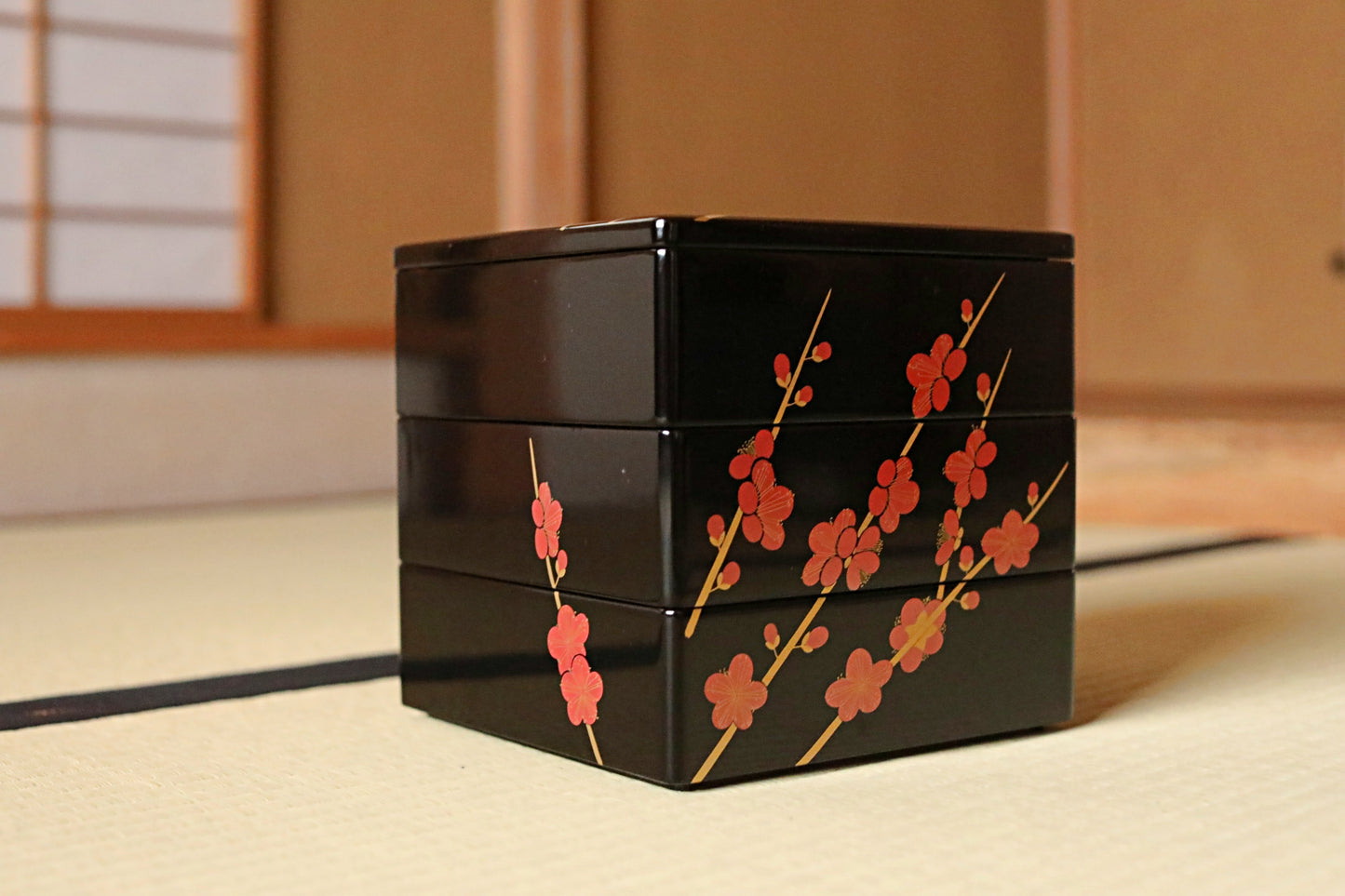 Vintage Japanese Lacquer Jubako Box, Plum Flower Makie, 1970s