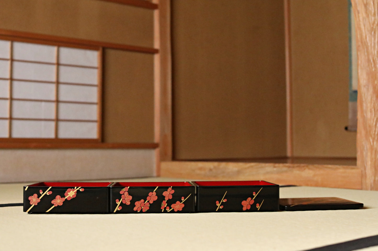 Vintage Japanese Lacquer Jubako Box, Plum Flower Makie, 1970s