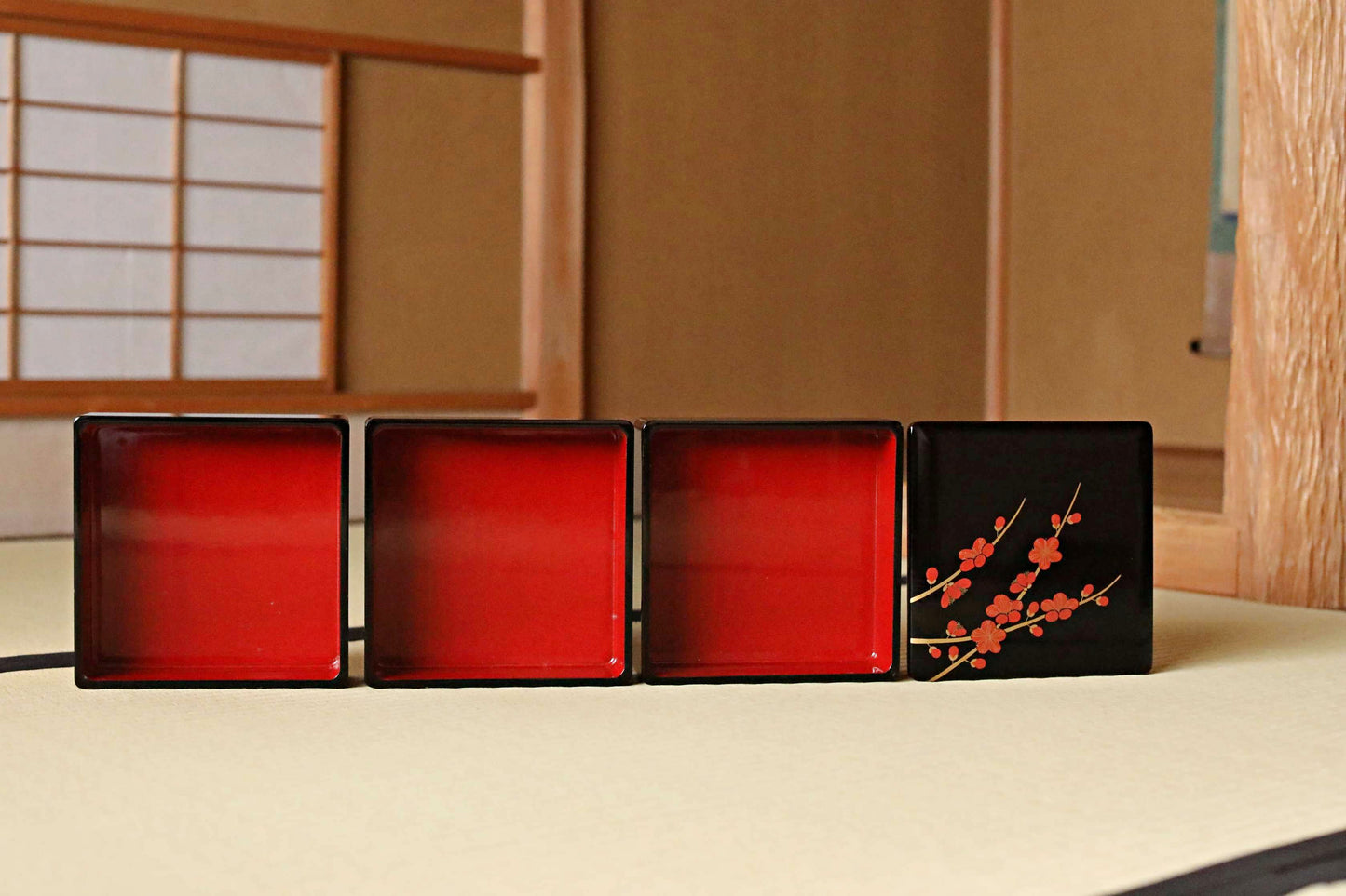 Vintage Japanese Lacquer Jubako Box, Plum Flower Makie, 1970s