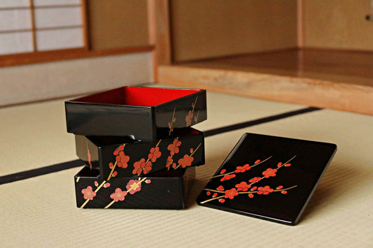 Vintage Japanese Lacquer Jubako Box, Plum Flower Makie, 1970s