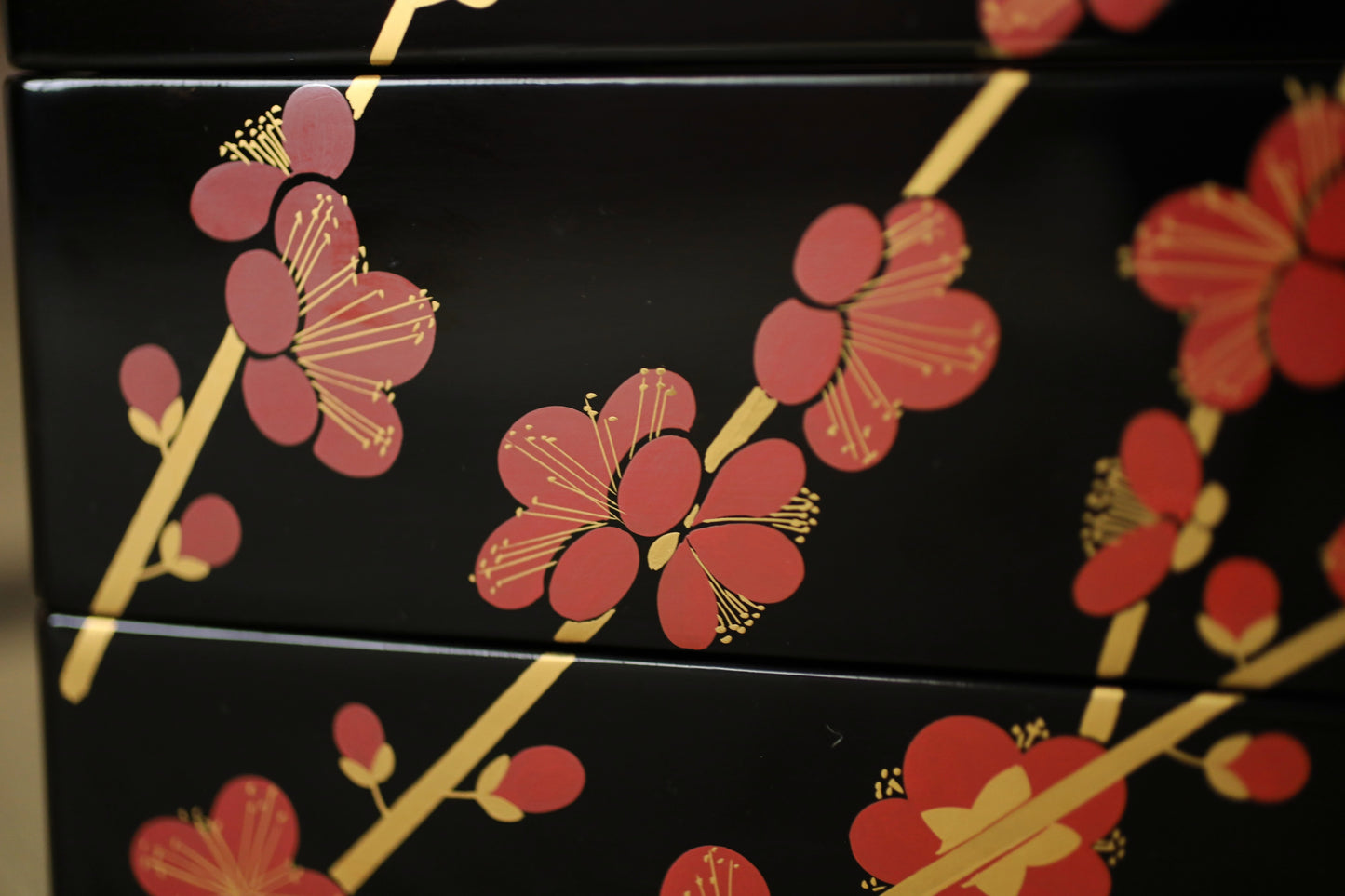 Vintage Japanese Lacquer Jubako Box, Plum Flower Makie, 1970s