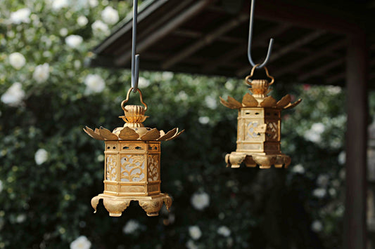 Beautiful Japanese vintage furniture Pair of Japanese old metal hexagonal hanging lanterns, lotus design from Buddhist temple H6.3/H16cm