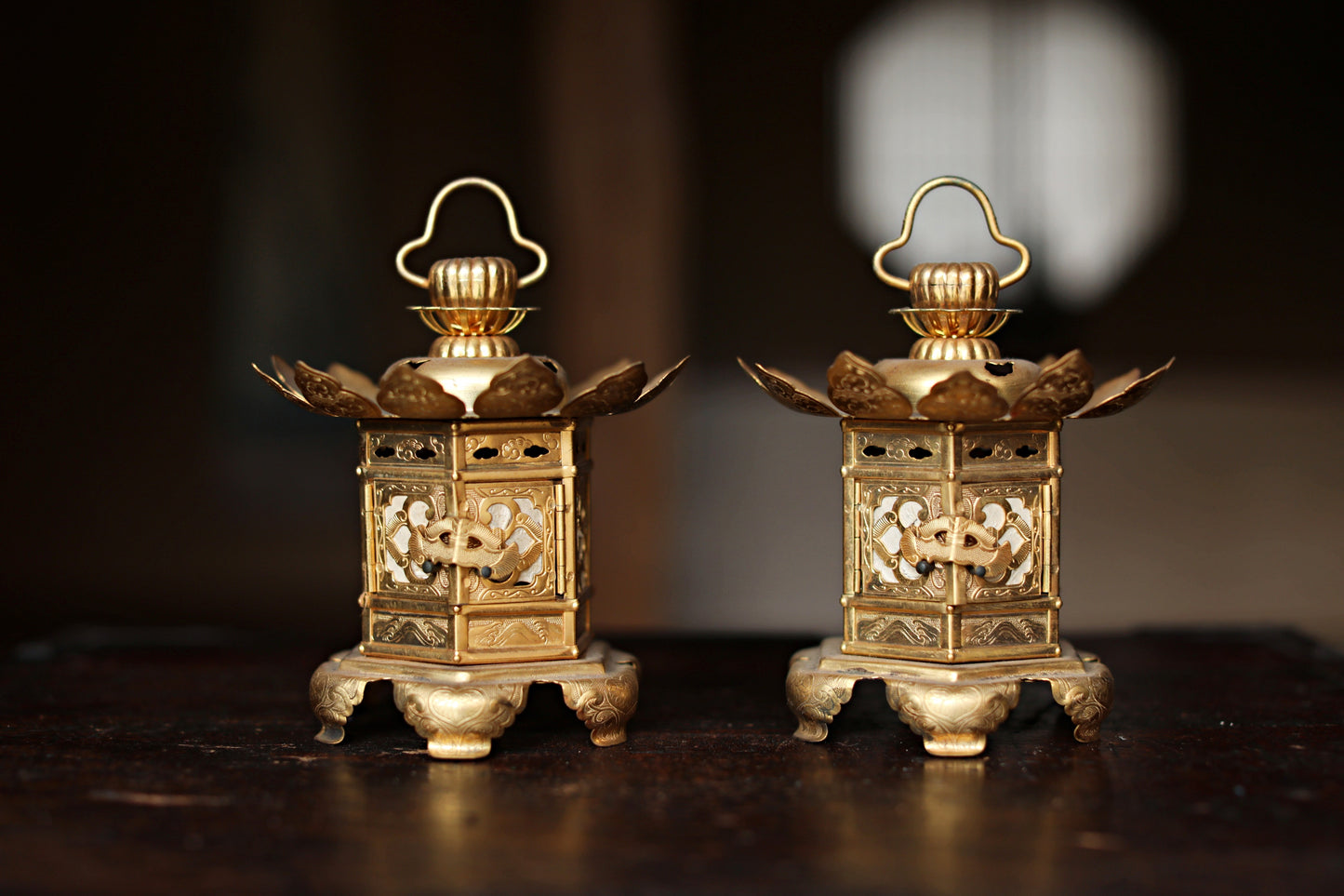 Beautiful Japanese vintage furniture Pair of Japanese old metal hexagonal hanging lanterns, lotus design from Buddhist temple H6.3/H16cm