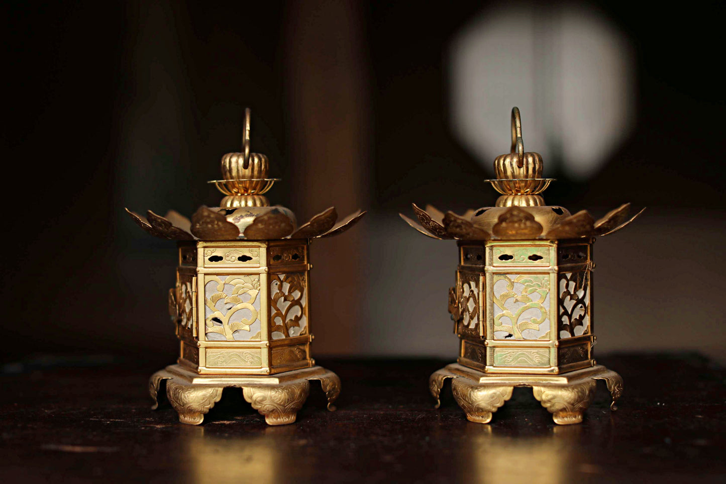 Beautiful Japanese vintage furniture Pair of Japanese old metal hexagonal hanging lanterns, lotus design from Buddhist temple H6.3/H16cm