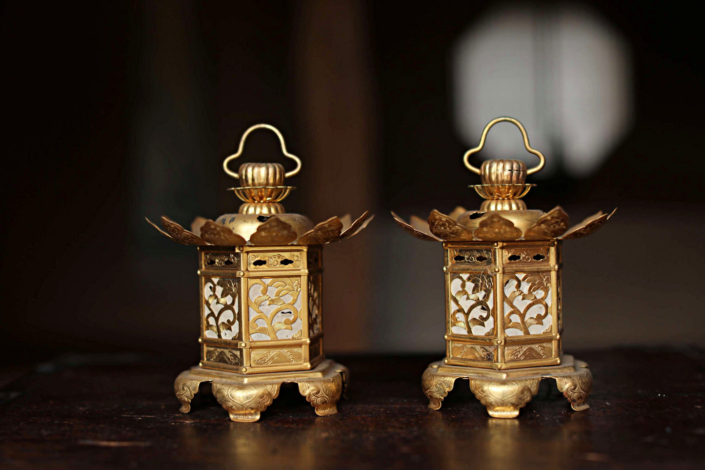 Beautiful Japanese vintage furniture Pair of Japanese old metal hexagonal hanging lanterns, lotus design from Buddhist temple H6.3/H16cm
