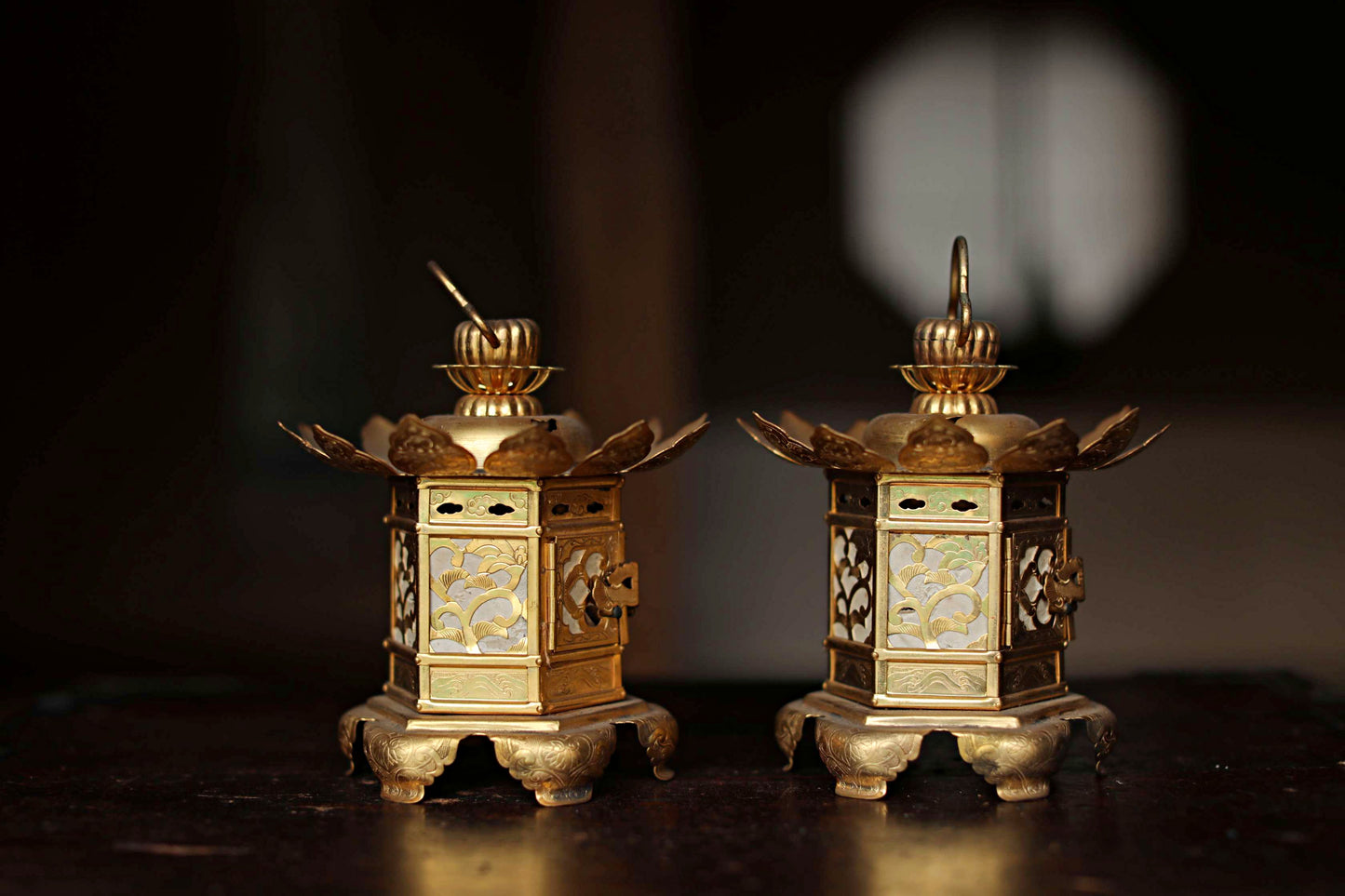 Beautiful Japanese vintage furniture Pair of Japanese old metal hexagonal hanging lanterns, lotus design from Buddhist temple H6.3/H16cm