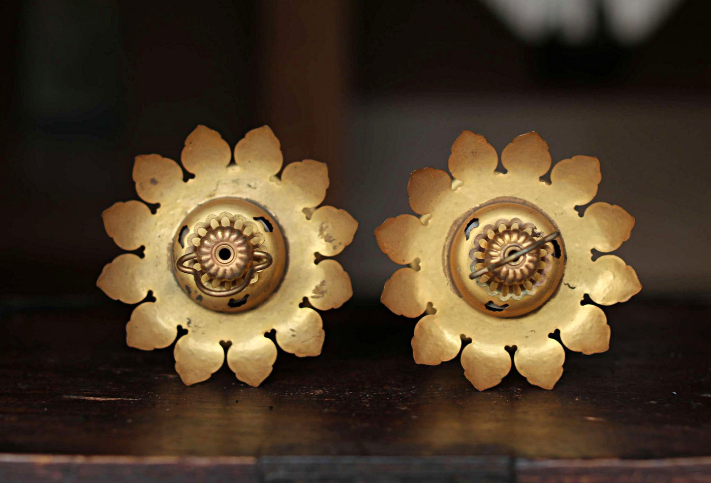 Beautiful Japanese vintage furniture Pair of Japanese old metal hexagonal hanging lanterns, lotus design from Buddhist temple H6.3/H16cm