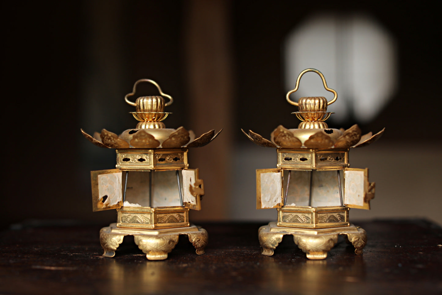 Beautiful Japanese vintage furniture Pair of Japanese old metal hexagonal hanging lanterns, lotus design from Buddhist temple H6.3/H16cm