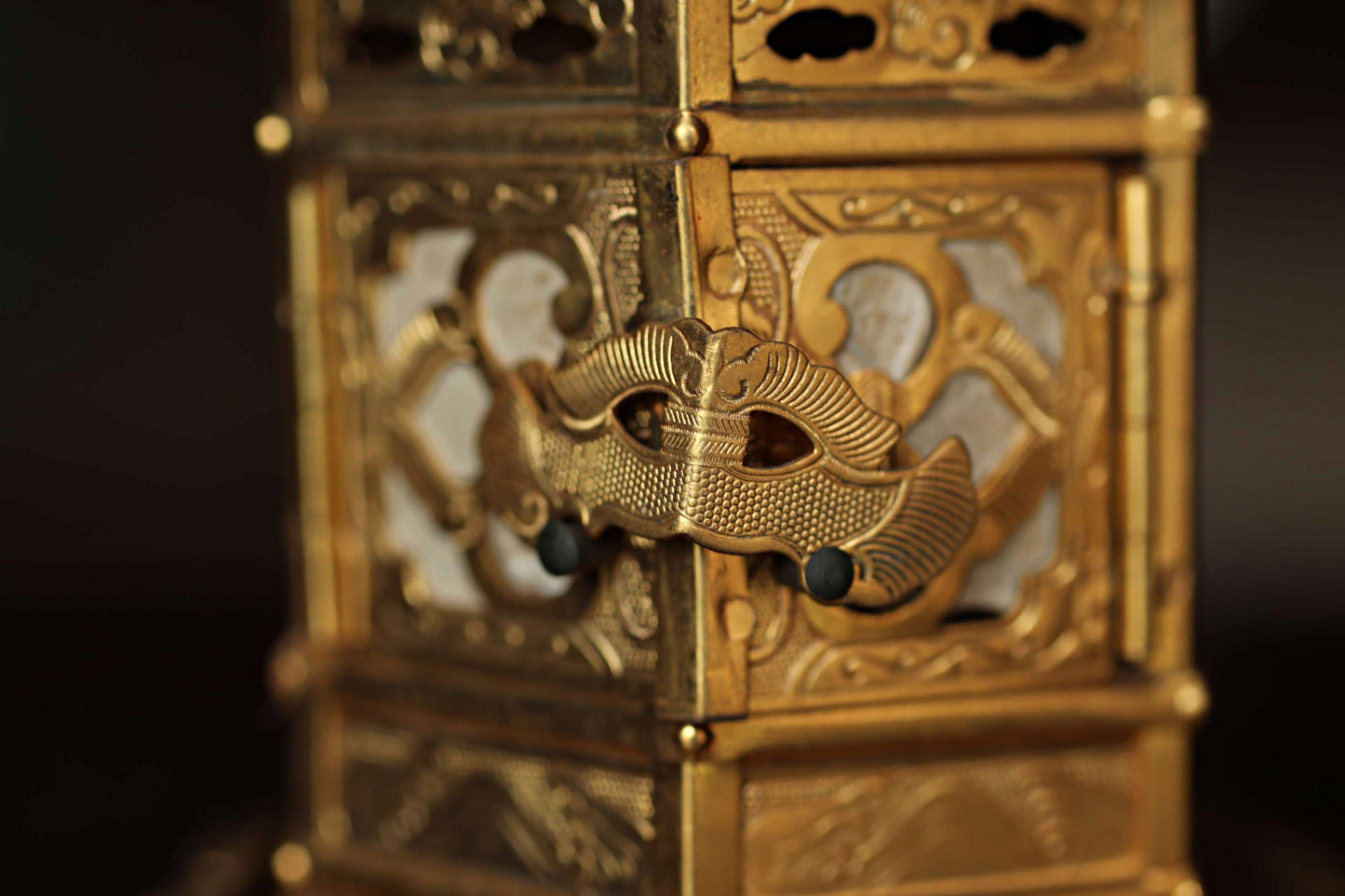 Beautiful Japanese vintage furniture Pair of Japanese old metal hexagonal hanging lanterns, lotus design from Buddhist temple H6.3/H16cm