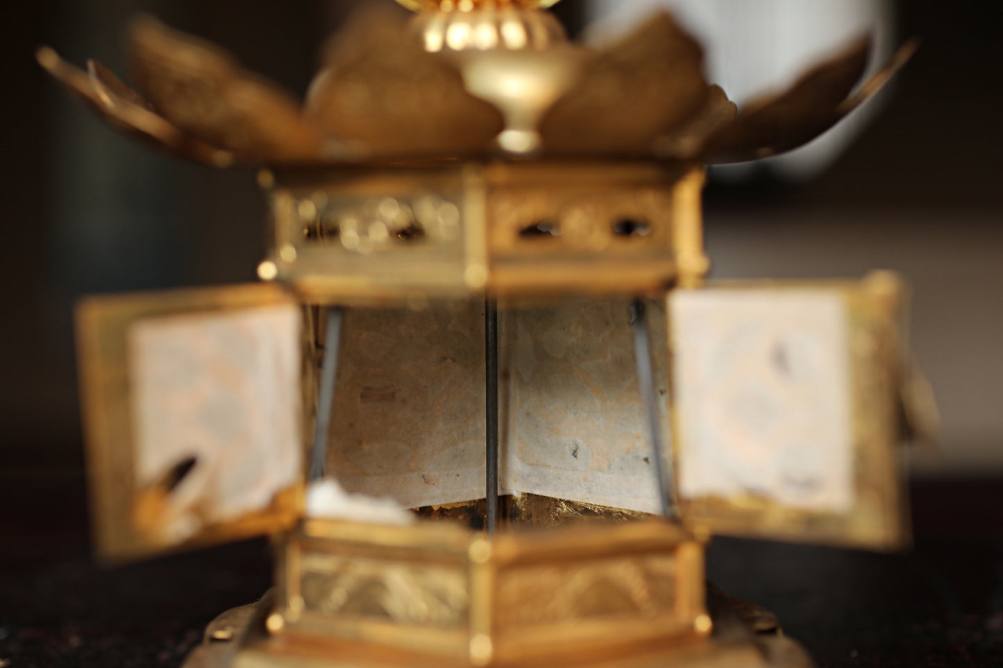 Beautiful Japanese vintage furniture Pair of Japanese old metal hexagonal hanging lanterns, lotus design from Buddhist temple H6.3/H16cm