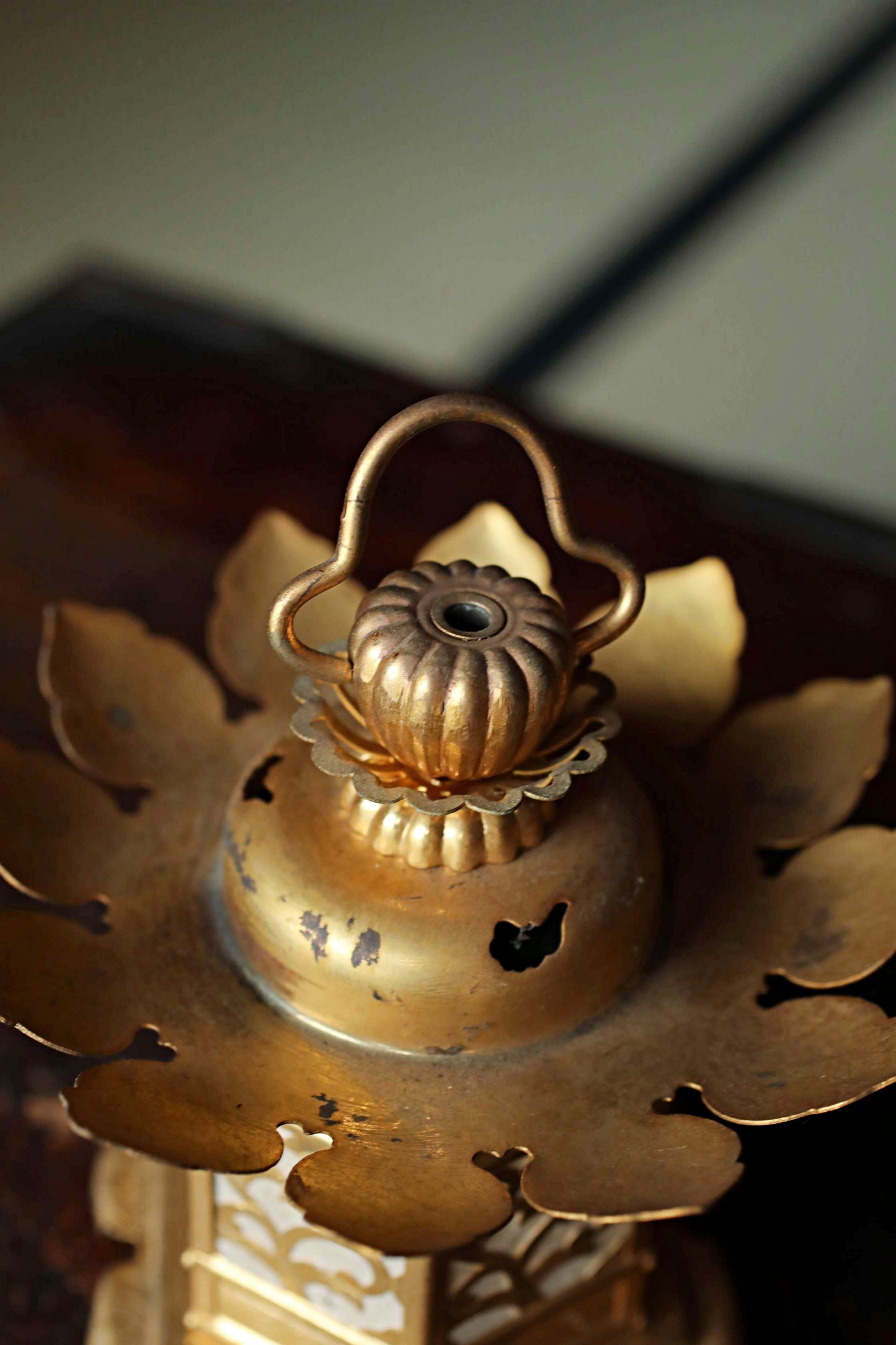 Beautiful Japanese vintage furniture Pair of Japanese old metal hexagonal hanging lanterns, lotus design from Buddhist temple H6.3/H16cm