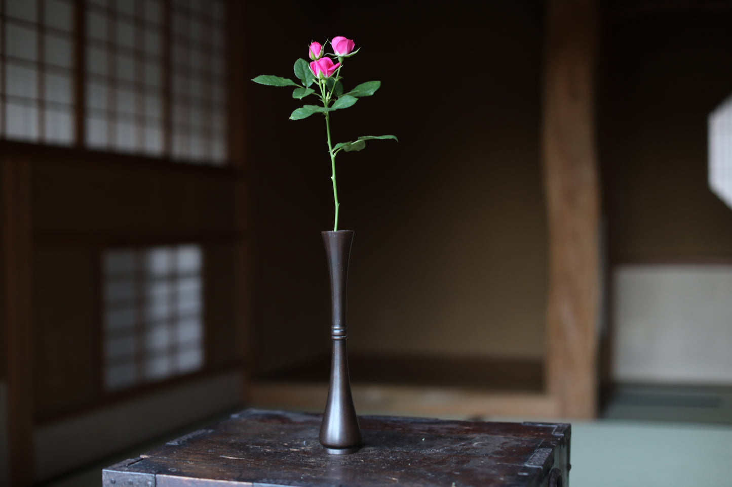 Vintage Japanese Bronze Vase, Crane Neck Ikebana Flower Arrangement, Signed