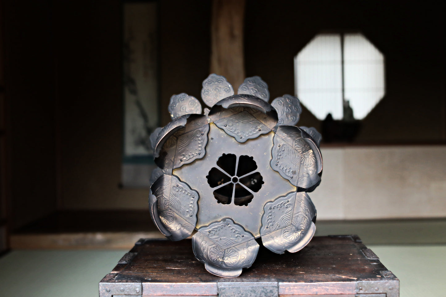 Japanese Antique 1920s buddhist altar, bronze metal hexagonal hanging lantern, lotus fretwork design, furniture H16.7in/H42.5cm