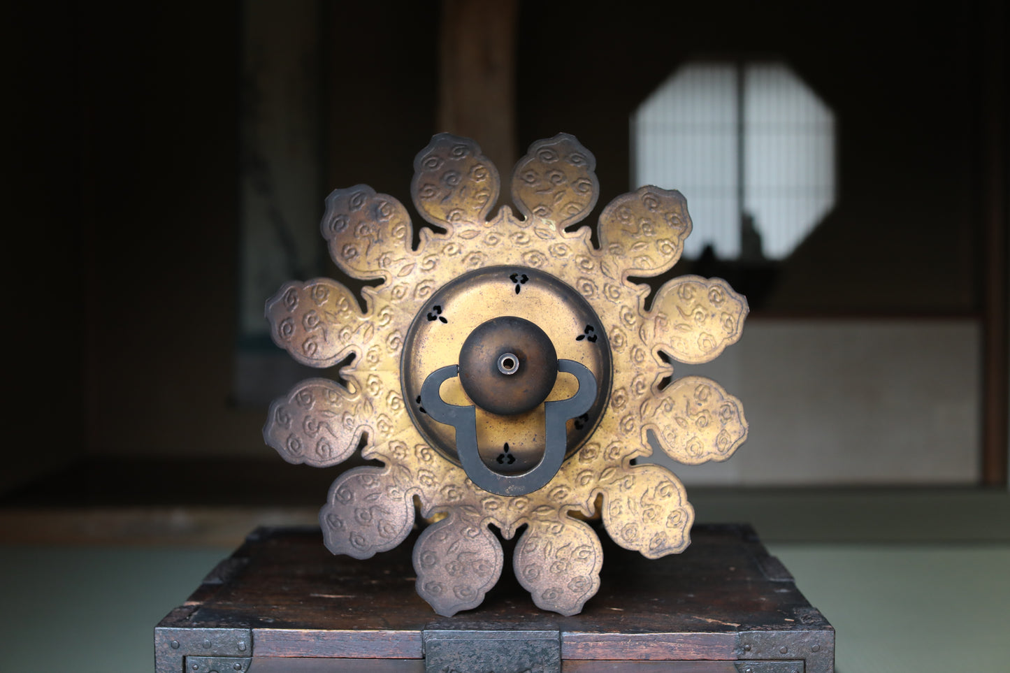 Japanese Antique 1920s buddhist altar, bronze metal hexagonal hanging lantern, lotus fretwork design, furniture H16.7in/H42.5cm